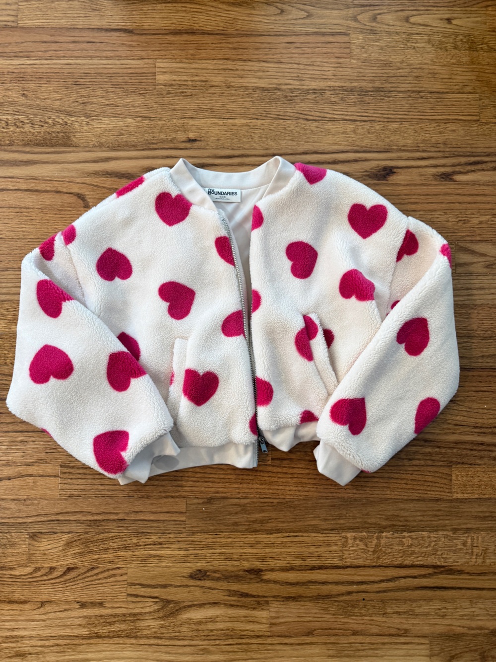 Girl’s White Fleece Zip Jacket with Hot Pink Hearts